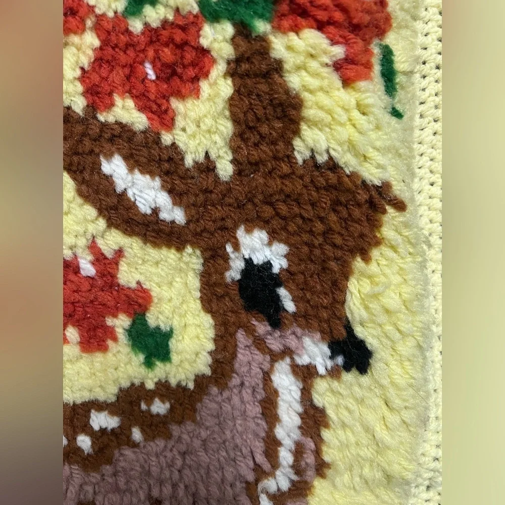 Vintage 80s Latch Hook Rug Fawn Deer Flowers with Crochet Border 27.5”x15”.